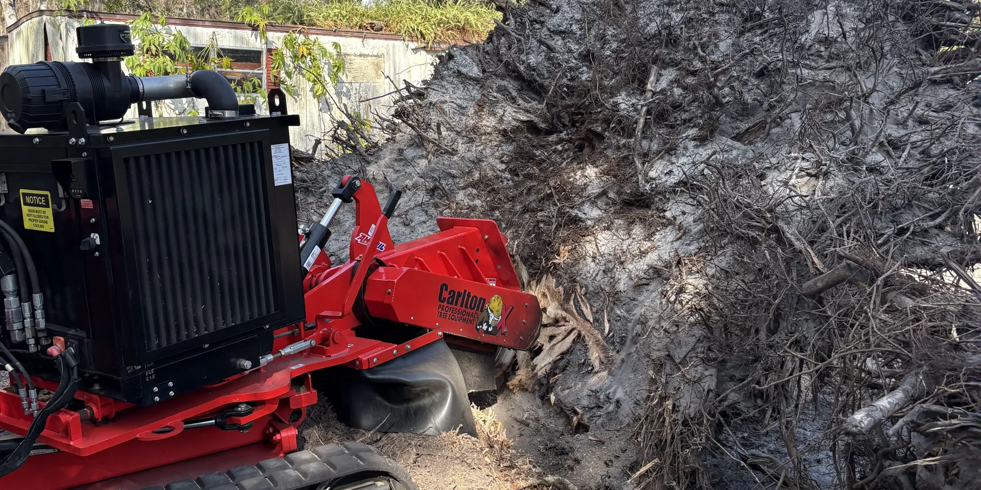Stump grinding machine positioned over a tree stump before grinding in Tampa Bay, FL